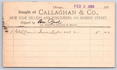 Antique Law Book Invoice Postal Card Callaghan  Co 1889