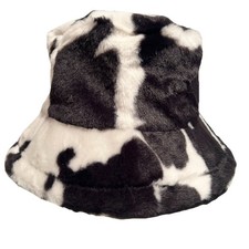 Holstein Cow Print Soft Furry Black and White Plush Winter Bucket Hat NWOT