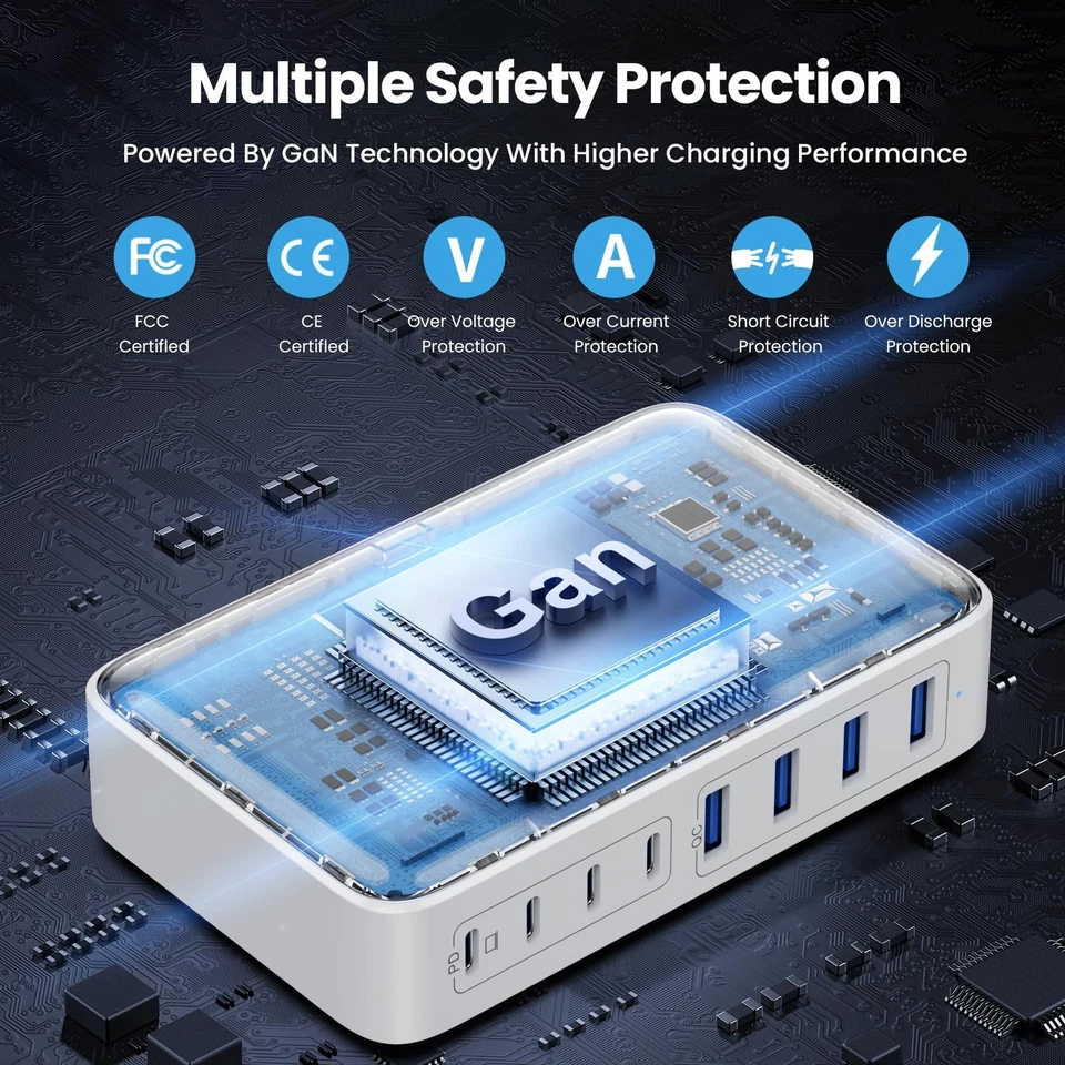 Зарядное устройство USB C 200 Вт блок зарядного устройства USB C, модернизированный GaN III 8-порт быстрая зарядка... - Изображение 4 из 4