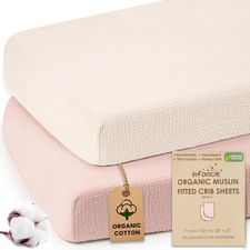 100 Organic Cotton Muslin Crib Sheets Set of 2   Soft  Breathable Fitted ...