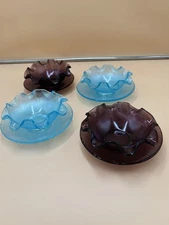 Italian Colony Glass Berry Bowls & Saucers Waffle Pattern Ruffled 1960’s Unique