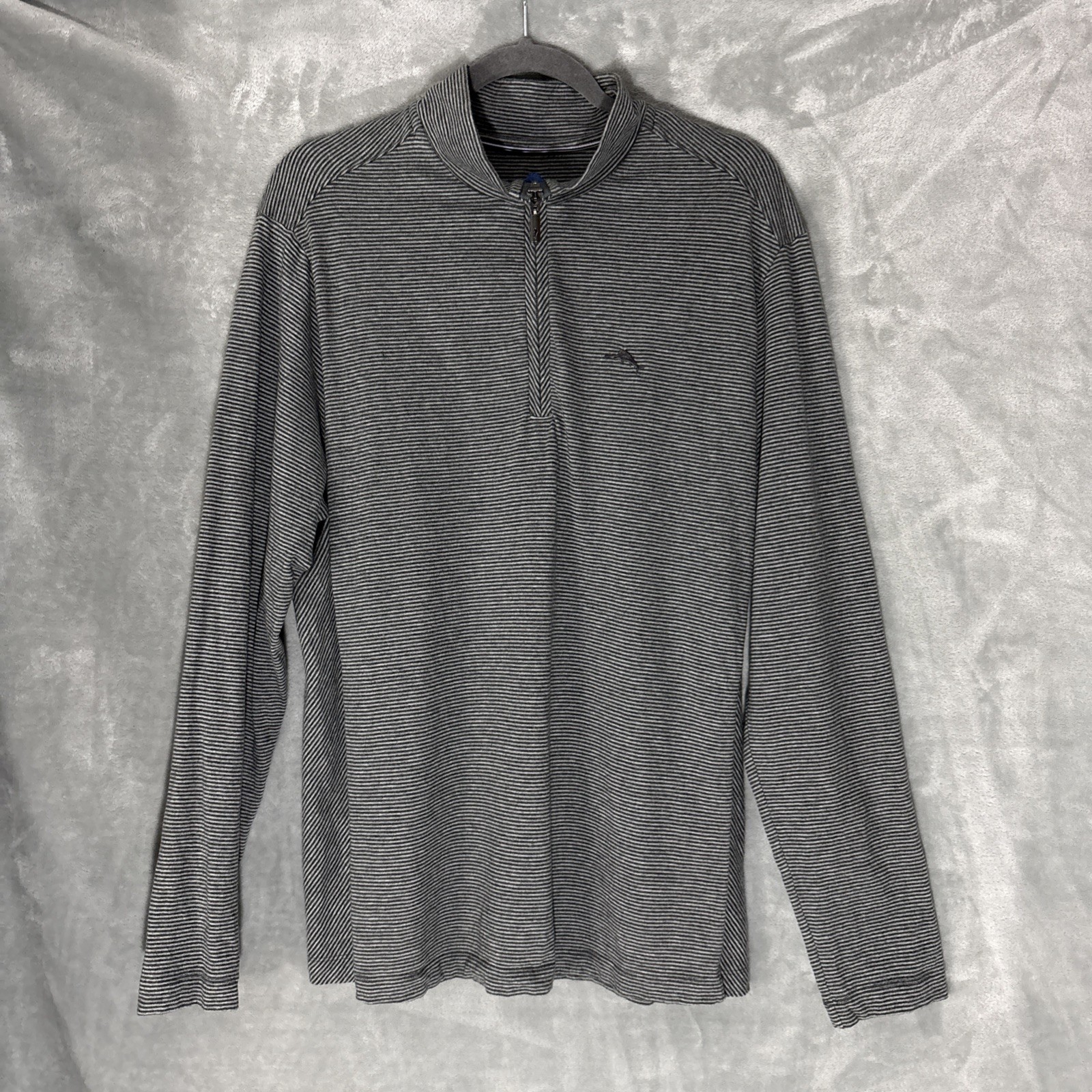 Tommy Bahama Men's Large 1/4 Zip Pullover, Golf, Grey/Black Striped