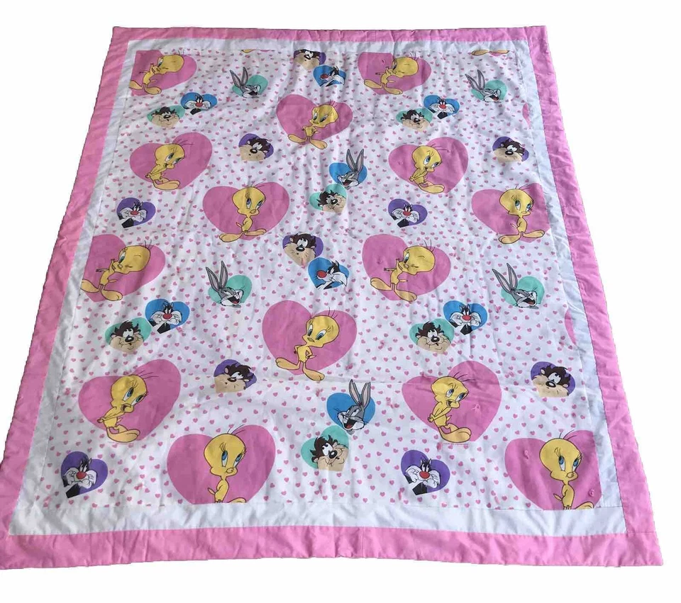 复古 1994 年 LOONEY TUNES 华纳兄弟 Blanket Tweety Taz Bugs粉色被子 — 第 2/4 张图片