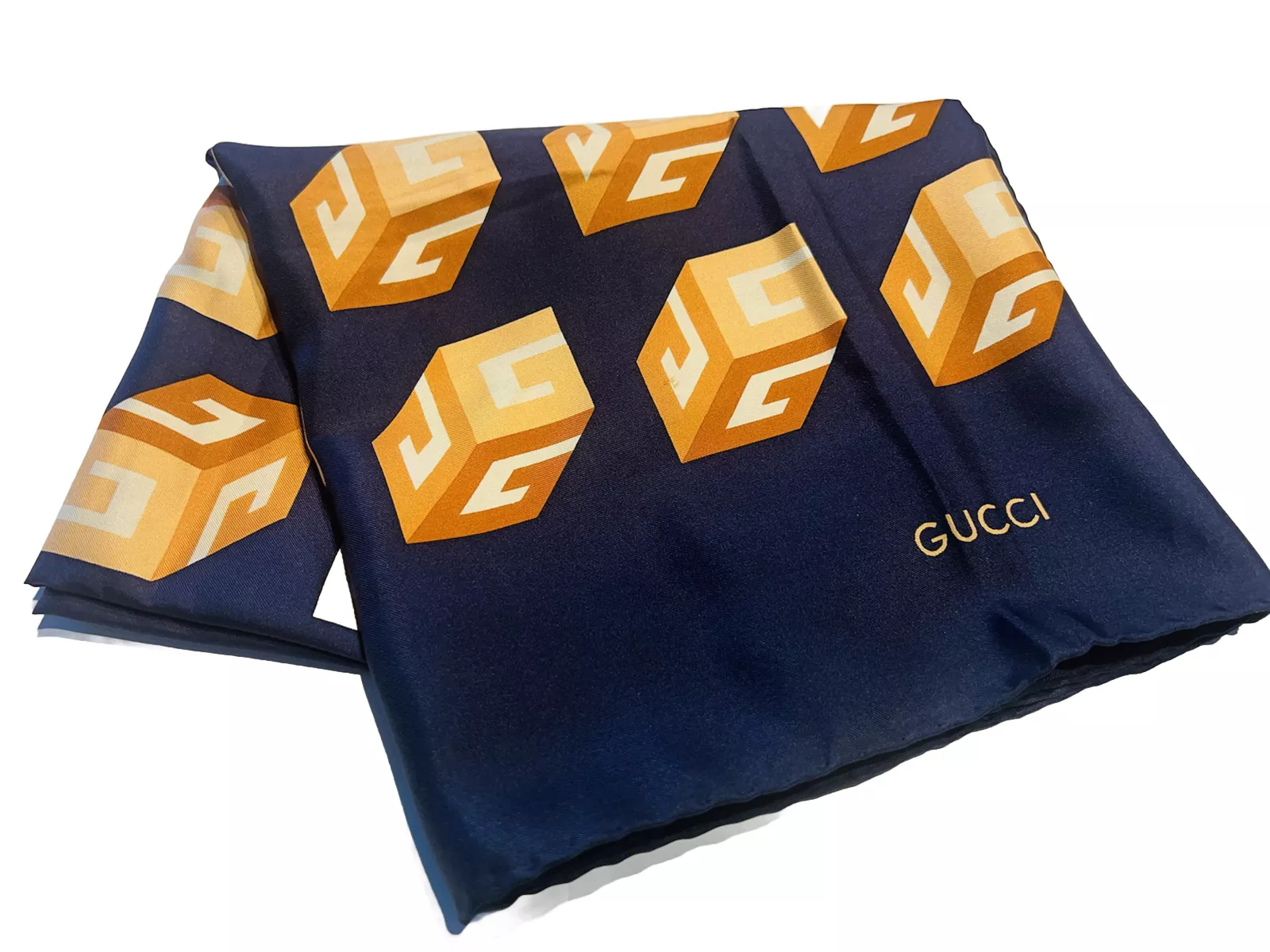 Écharpe géométrique vintage Gucci marron bleu 100 % soie