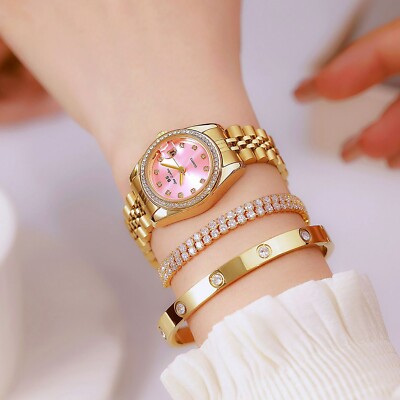 Ladies Date Pink Diamond Dial Wrist Watch Round Face Golden 
