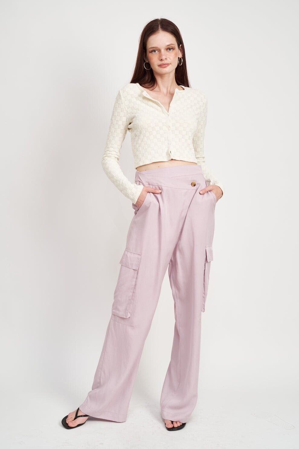 Blush Boutique Cross Over Wide Leg Cargo Pants in Lilac SM
