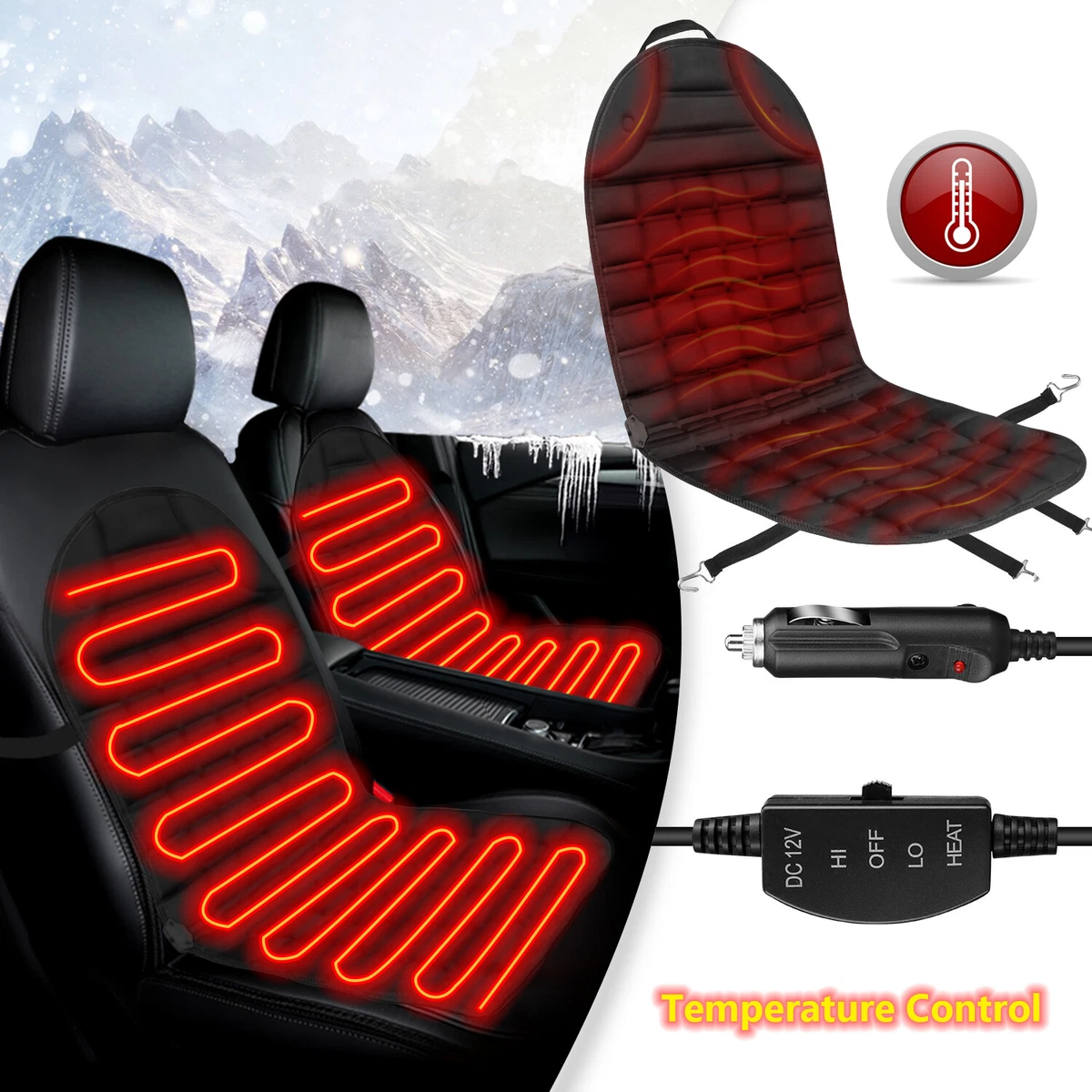 Universal Heated Car Seat Cover Cushion 12V Seat Heater Warmer Pad  Black/Gray