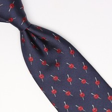 John G Hardy Mens Silk Necktie Navy Blue Red Button Needle Weave Woven Tie Italy