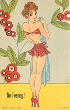1940s Sexy Lingerie woman no peeking Curt Teich Postcard 25-2029