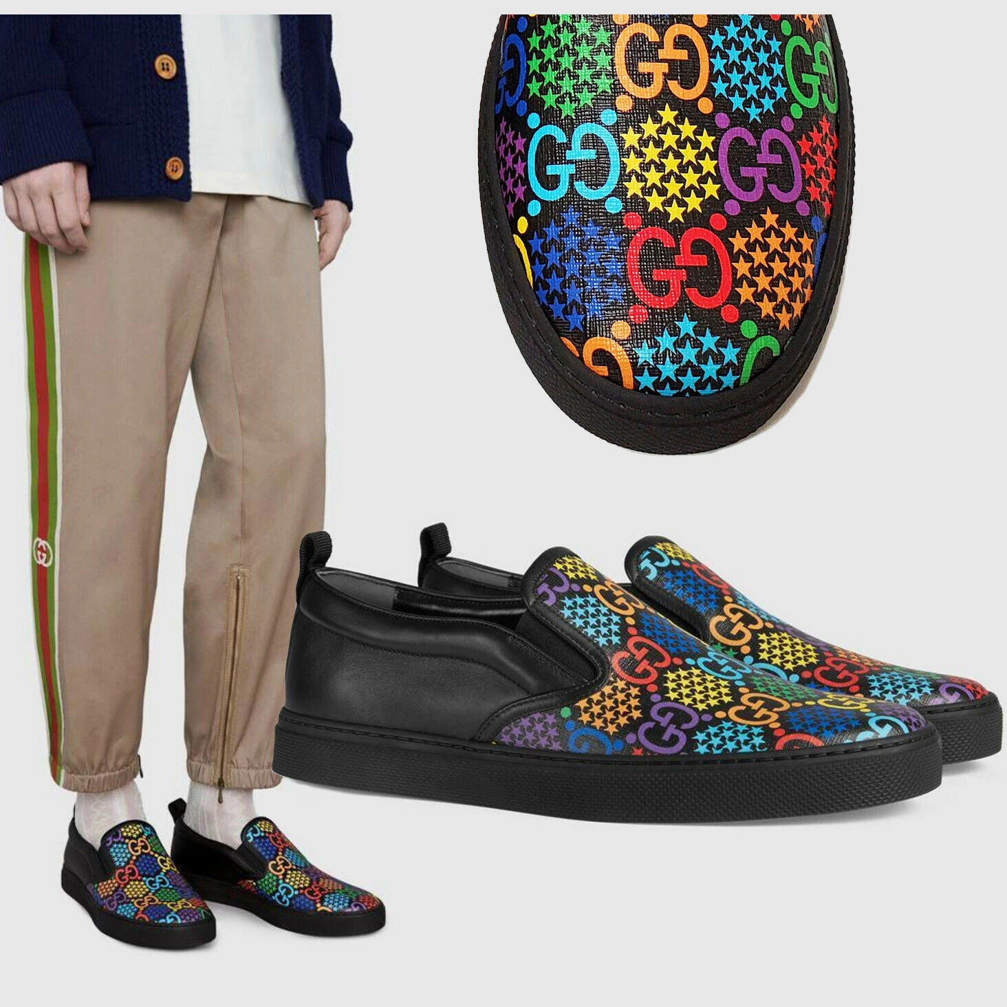 BASKETS GUCCI DUBLIN LOGO PSYCHÉDÉLIQUE À ENFILER CHAUSSURES EN CUIR SUPRÊME 7,5 G 8