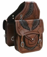 Beautiful Dark Brown Leather Western Trail Tooling Carving Horse Saddle Bag.