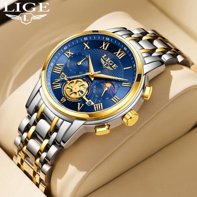 LIGE For Men's Quartz Watch Luminous Moon Multi-Functional
