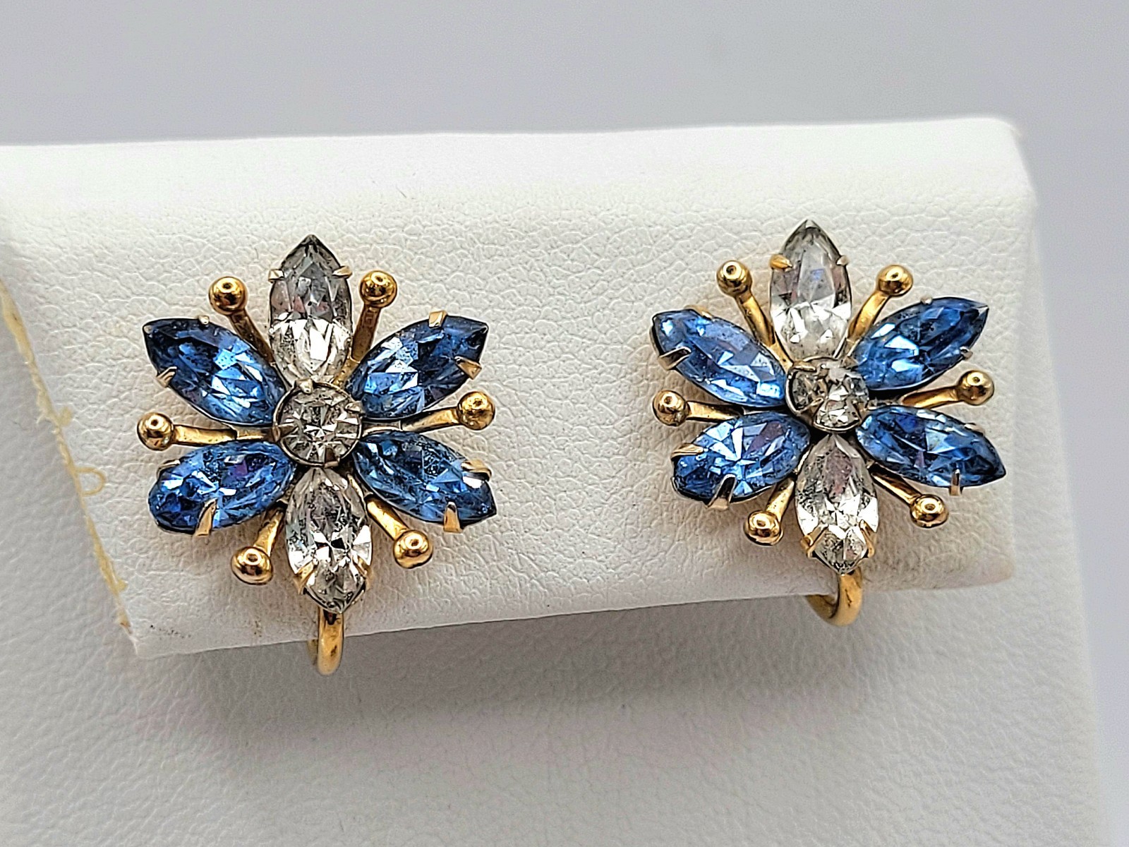 Vintage Blue Rhinestone Brooch Earrings Set Floral 12K Gold Filled Signed Amco