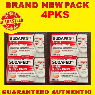 #ad Sudafed PE Sinus Pressure Plus Pain Caplets 24 Caps x4 EX5 28 $25.00