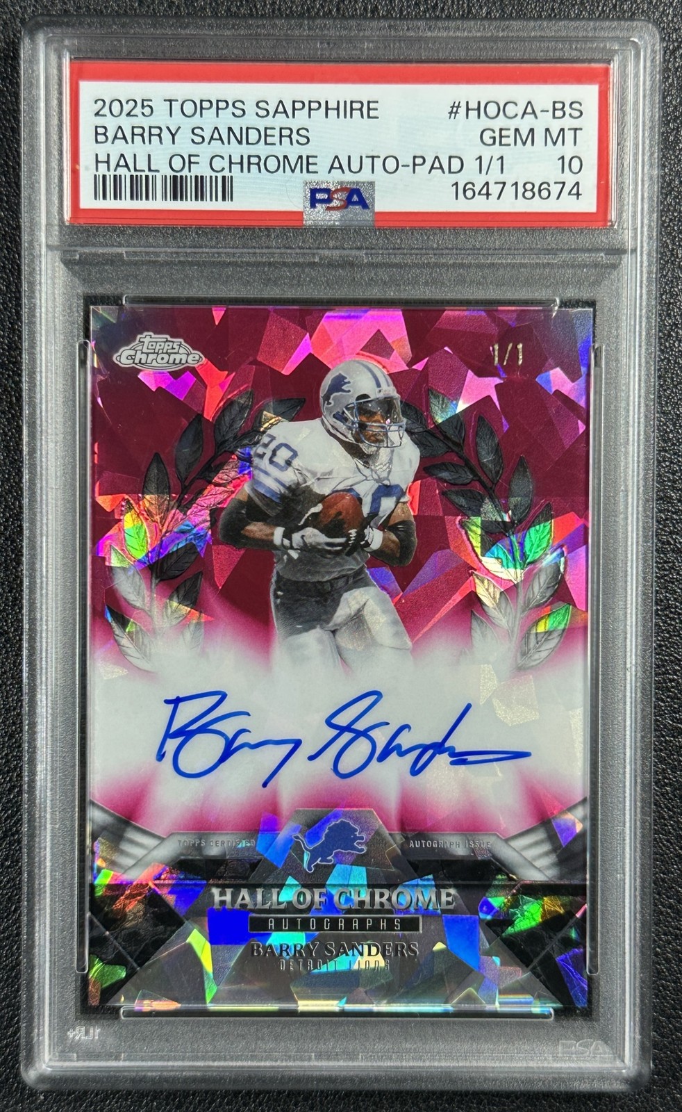 BARRY SANDERS PSA 10 2025 TOPPS SAPPHIRE HALL OF CHROME AUTO PADPARADSCHA 1/1