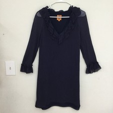 TORY BURCH Long Sleeve Silk Ruffle V Neck Knee length Blue Dress Sz 4