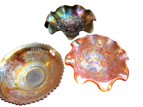 3 VINTAGE / ANTIQUE CARNIVAL GLASS BOWLS - ORANGE TREE, 3 FRUITS AND LION