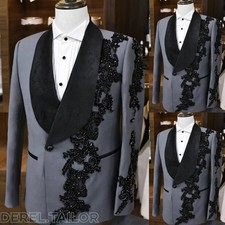 Beaded Applique Men Suit Slim Fit Formal Wedding Blazer Sets for Groom Prom