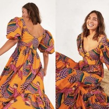 FARM Rio Beaded Macaw Puff-Sleeve Flare Midi Dress Cotton Orange Size Small 