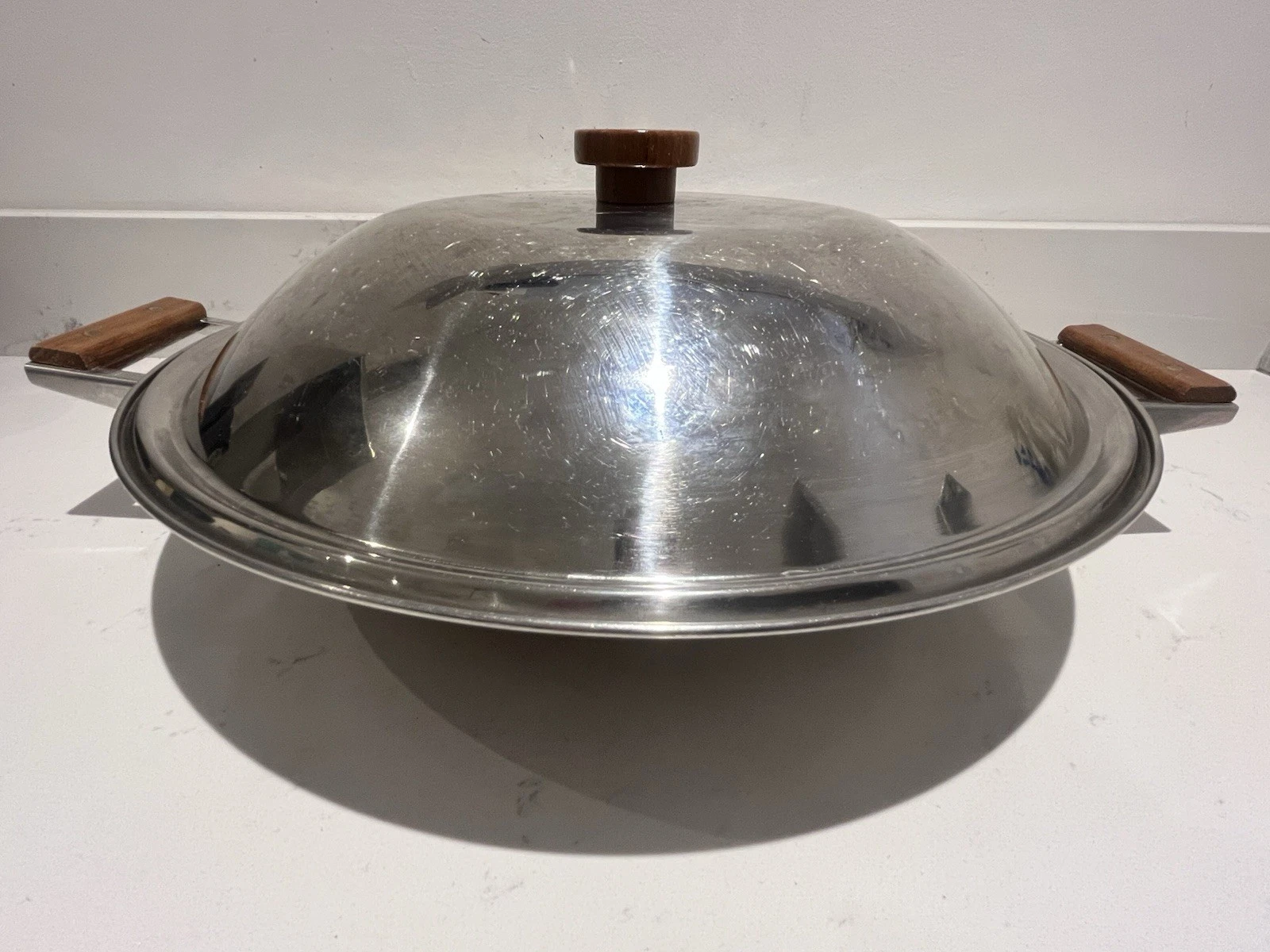 Vintage Stainless Steel Wok Large Teak Handles Pan And Lid