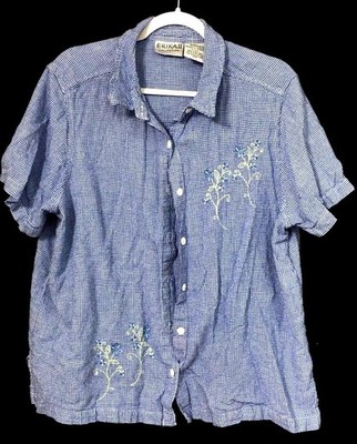 Erika II 2X blue gingham buttoned linen blend embroidered short sleeve top