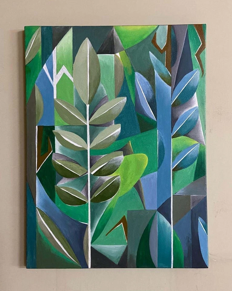 Enorme Pintura Acrílica Original Hojas Abstractas Arte Cubismo Mediados de Siglo Arte Moderno Foto 4 de 4