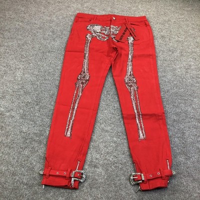 New Guapi Dead Or Alive Jeans Mens 32x31 Red Skinny Rhinestone Denim Skeleton