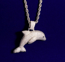 3.90 Ct Round Cut Real Moissanite Dolphin Pendant 14K White Gold Plated Silver