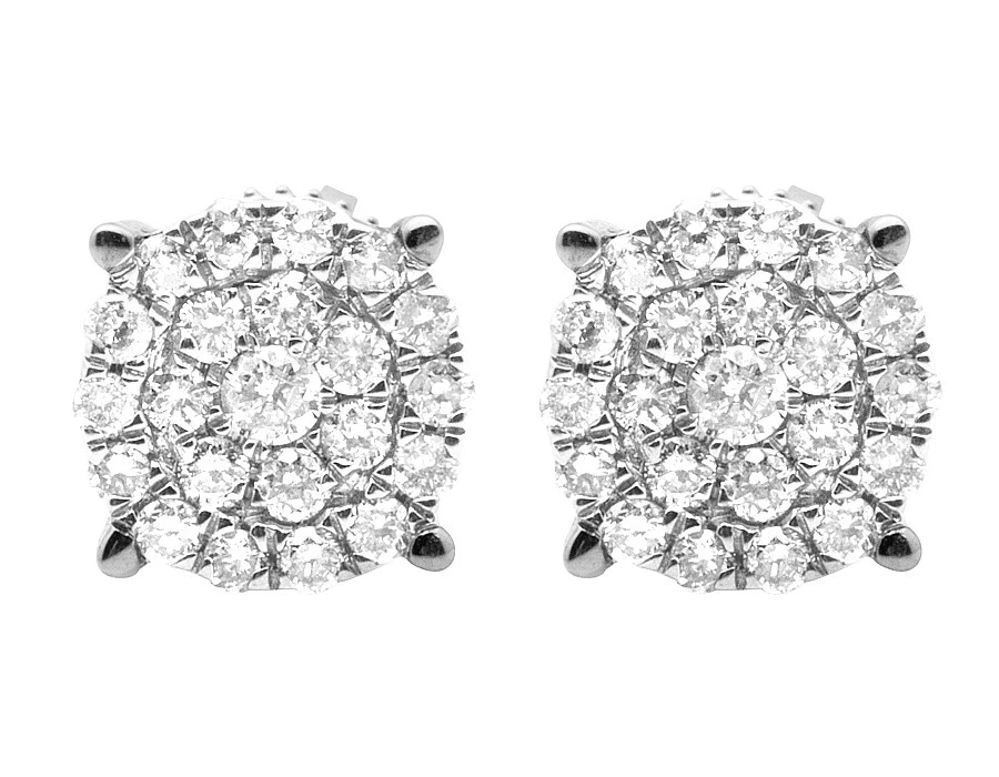 Ladies 10K White Gold Genuine Diamond Round Cluster Studs Earrings 0.50Ct 8MM