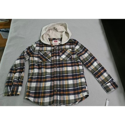 Levi s Kids Size 8 Plaid Hooded Flannel Blue Green & Orange Button up.