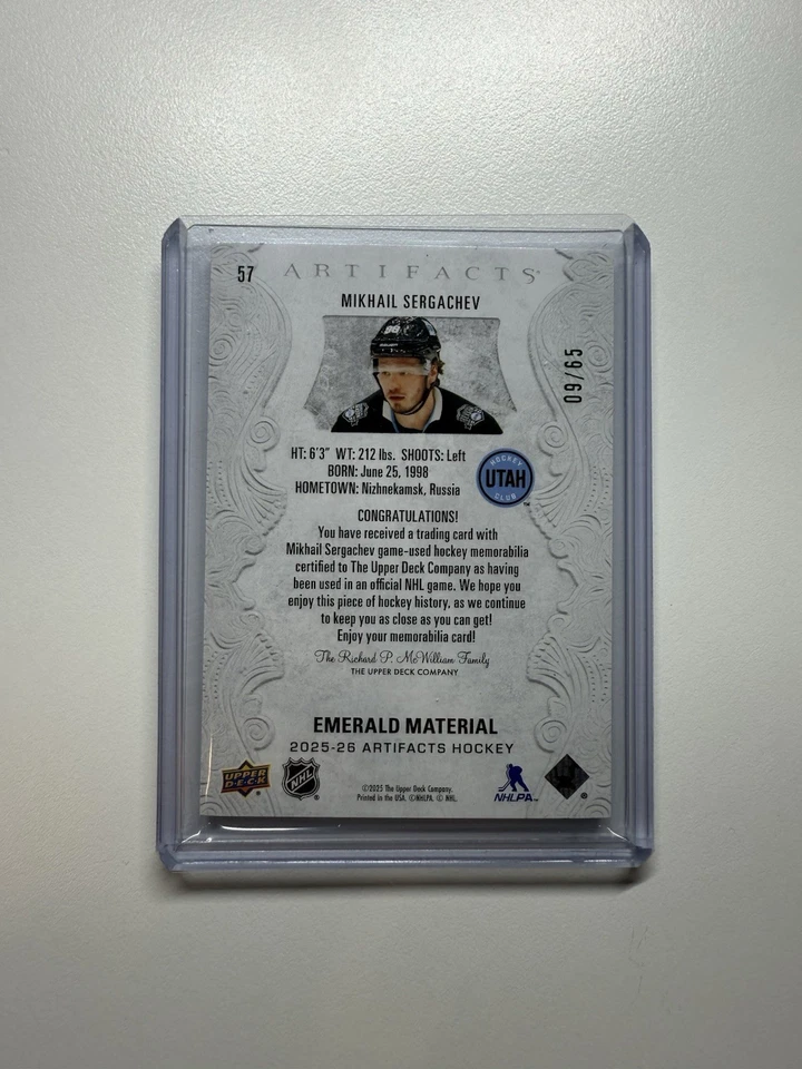 MIKHAIL SERGACHEV 2024-25 ARTIFACTS EMERALD MATERIAL PATCH JERSEY /65 - Image 2 of 2