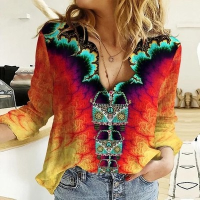 Hippie Bus Blouse Women Psychedelic Graphic Shirt Retro 60s 70s V-Neck Top