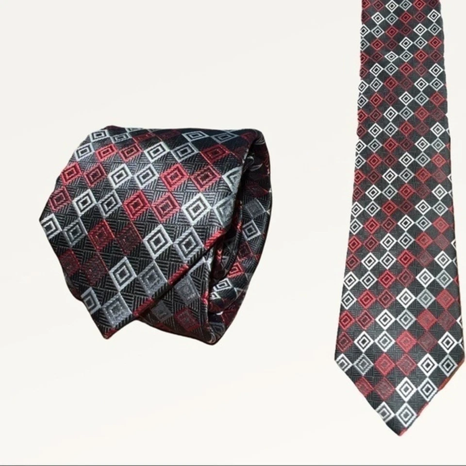 Corbata Christian Aujard Para Hombre Geométrica Diamante Rojo Negro Plata Estilo Clásico Foto 4 de 4