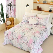 Floral Stripe Quilt Set All-Season Quilted Bedding Reversible Quilt Bedding Set