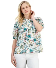Nautica Jeans Women's Floral-Print Pintuck Blouse - Bright White Multi - SZ M