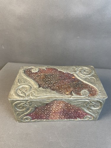 Antike Schatulle Zinn Montur Geprägtes Leder Bezogen Drachen Um 1900 - Bild 6 von 13