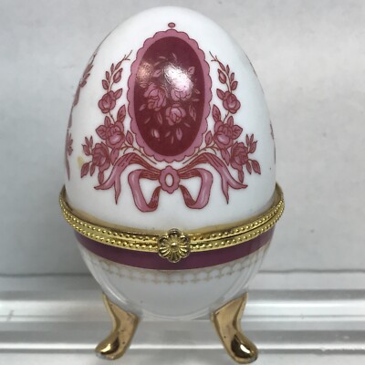Porcelain Egg Trinket Box Gold Pink Cranberry Dresser Vintage 