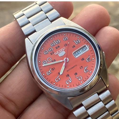 Seiko 5 7009 Automatic Watch Vintage Dial Thai Numbers Orange Face Stainless