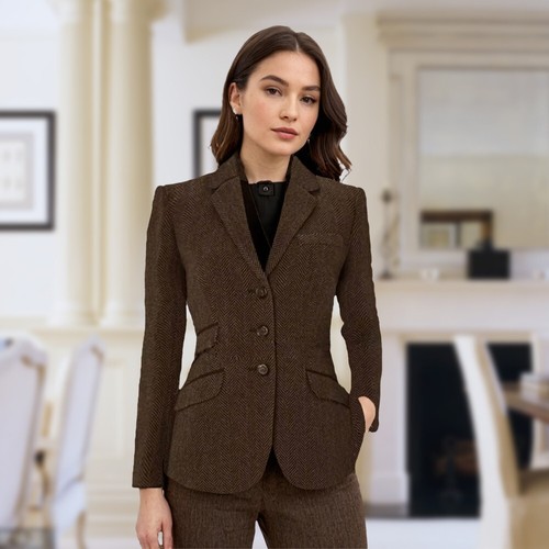 Herringbone Women's Jackets Coat Slim Fit Single Breasted Tweed Jacket Tailored - Picture 2 of 27