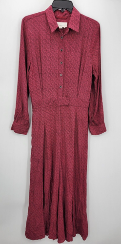 Anthropologie Loveland Jumpsuit Womens 10 Maroon Print Wide Leg Long Sleeve NWT