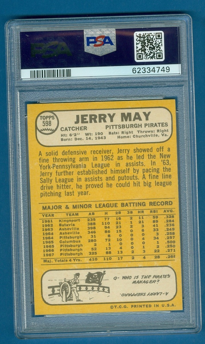 1968 Topps Baseball #598 Jerry May Pirates PSA 7 NM ( No
