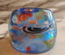 Blue Flower Pattern Stardust Lampwork Glass Wide Band Ring Handmade Sz 7 -7.5
