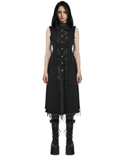 Punk Rave Womens Apocalyptic Wasteland Punk Long Hooded Sleeveless Vest Jacket - Picture 4 of 13