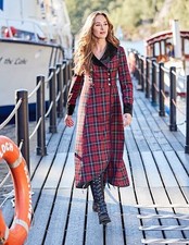 Joe Browns Long Dress Coat Red Tartan Check Corset Tie Back Velvet Trim Size 8