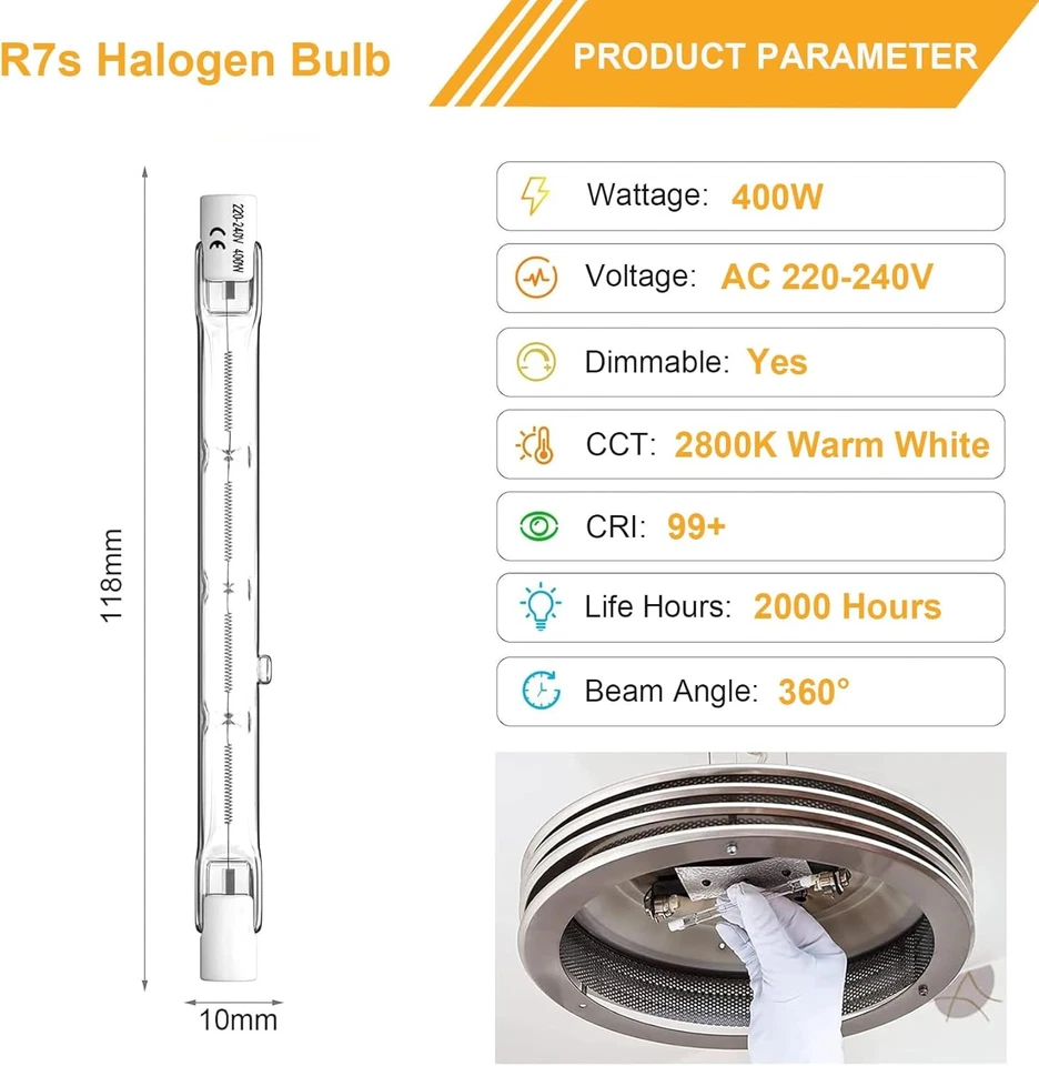 R7s Halogen Bulb 118mm 400W Dimmable 230V Linear Bulbs for Lamps, 2800K Warm... - Image 2 of 4