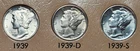 1939 P Philadelphia 1939 D Denver 1939 S San Francisco Mercury Dimes Silver 10C