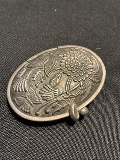 Vtg Pewter Compact Mirror Photo Holder Decorative repoussé Floral Butterfly Oval