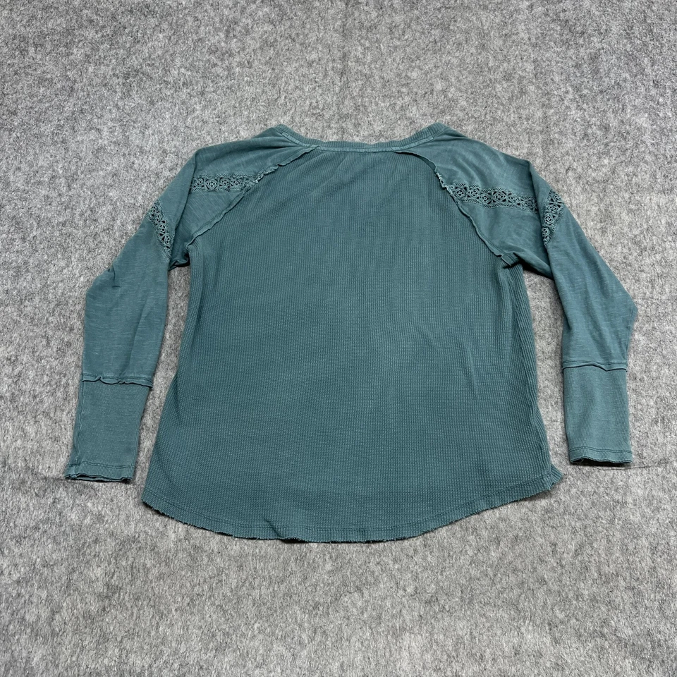 Sundance Shirt Womens Large Teal Green Thermal Waffle Knit Lace Long Sleeve - Image 2 of 4