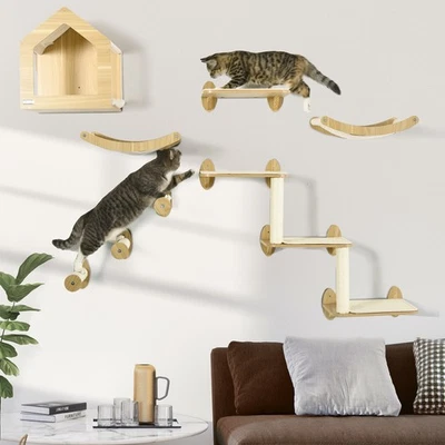PAWHUT Wall Mounted Cat Tree Furniture Multi-Level Climbing Scratching 8 Piece Beige