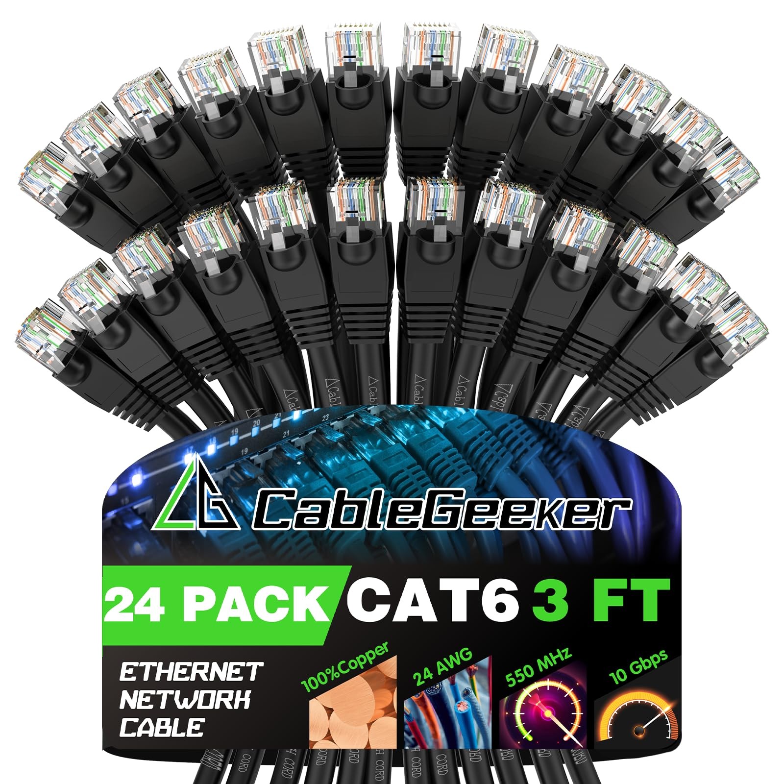 3 ft Cat 6 Ethernet Patch Cables 24-Pack, Snagless RJ45 Network Cables